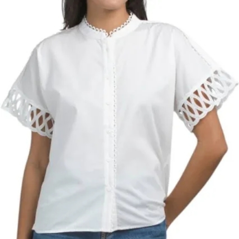 NWT Ellie Tahari Trim Combo Mandarin Collar Blouse, Sz M